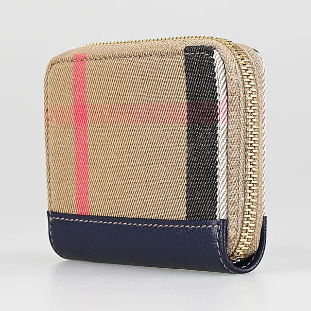 【BURBERRY 巴寶莉】BURBERRY 內印金字LOGO格紋棉織布拼牛皮4卡ㄇ字型拉鍊零錢卡夾包(深藍)