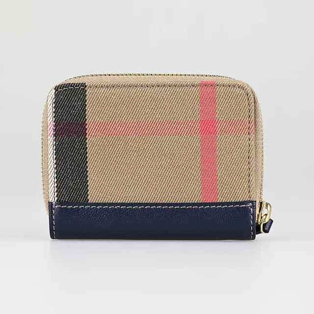 【BURBERRY 巴寶莉】BURBERRY 內印金字LOGO格紋棉織布拼牛皮4卡ㄇ字型拉鍊零錢卡夾包(深藍)