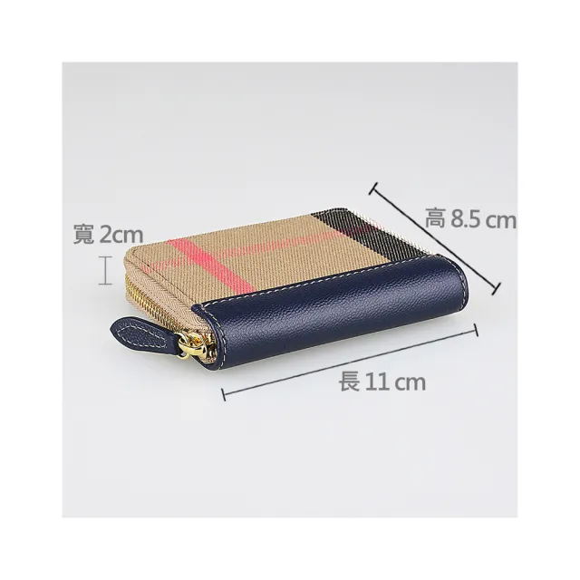【BURBERRY 巴寶莉】BURBERRY 內印金字LOGO格紋棉織布拼牛皮4卡ㄇ字型拉鍊零錢卡夾包(深藍)
