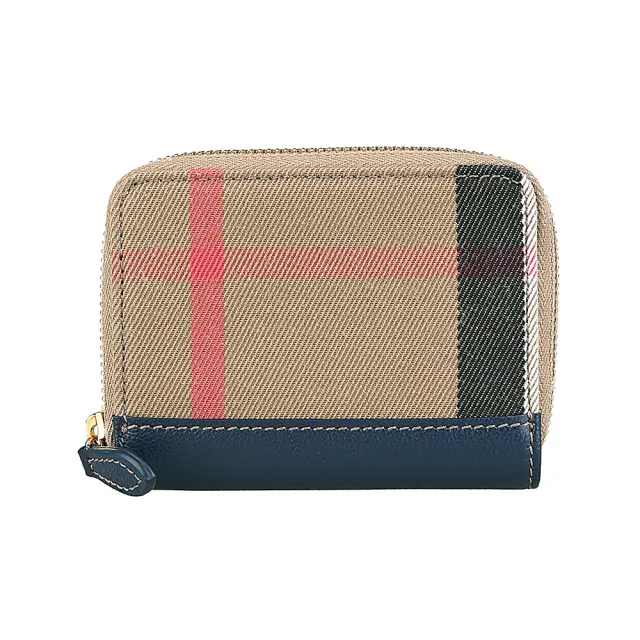 【BURBERRY 巴寶莉】BURBERRY 內印金字LOGO格紋棉織布拼牛皮4卡ㄇ字型拉鍊零錢卡夾包(深藍)
