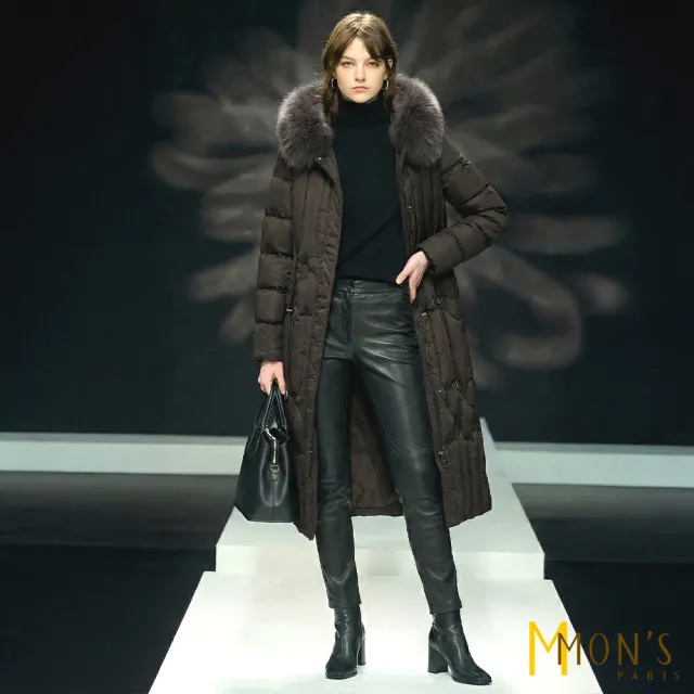 【MON’S】狐狸毛領羽絨抽繩顯瘦鵝絨大衣(100%狐狸毛領)