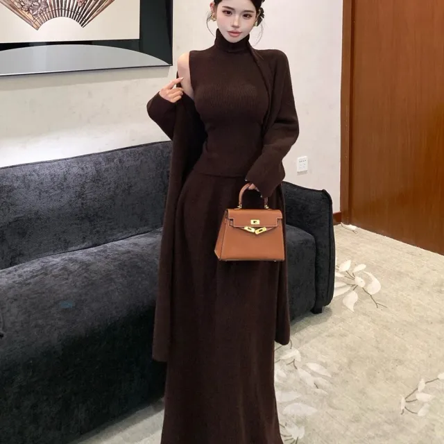 【AS 梨卡】女裝 套裝 連身裙 連身長裙 背心 長裙 外套 針織 冬天套裝 高領背心套裝 ES359