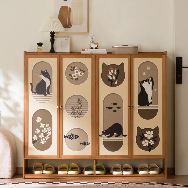 現代簡約防塵多功能鞋櫃（91×32×93cm三門7層/貓咪噴繪/大容量收納）