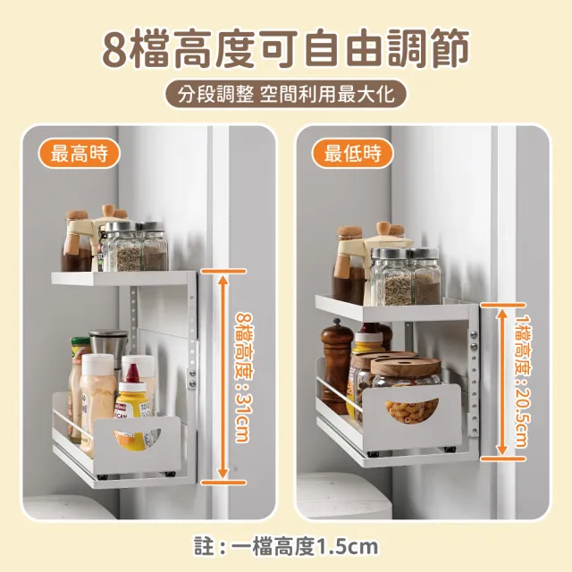 【慢慢家居】可抽拉雙層磁吸式置物架-高度可調 2入 (冰箱收納架 冰箱置物架 廚房收納 無痕收納)