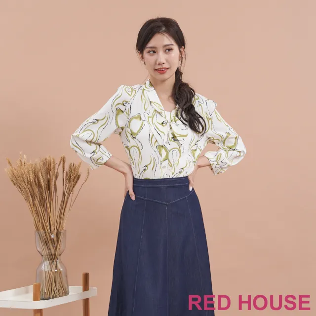 【RED HOUSE 蕾赫斯】水墨抽象領結造型印花上衣(綠色)