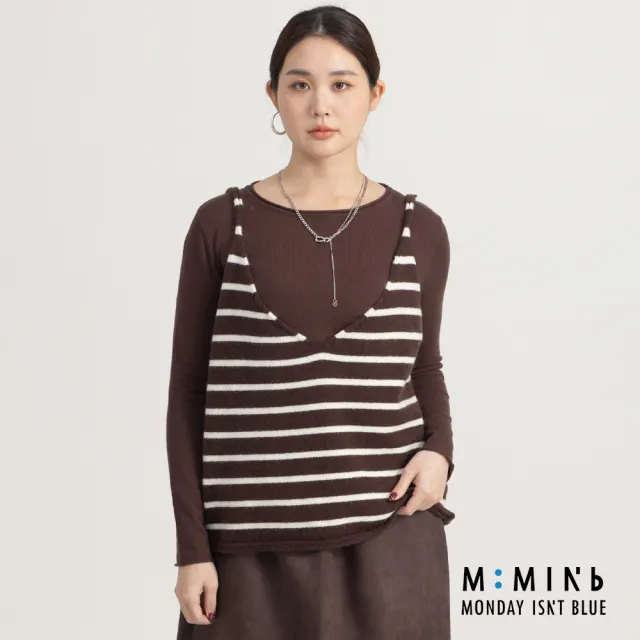 【M:MINb】真兩件船領背心上衣(深咖/中大尺碼女裝/XL女裝/女裝/肉肉女穿搭/兩件/背心/長袖)