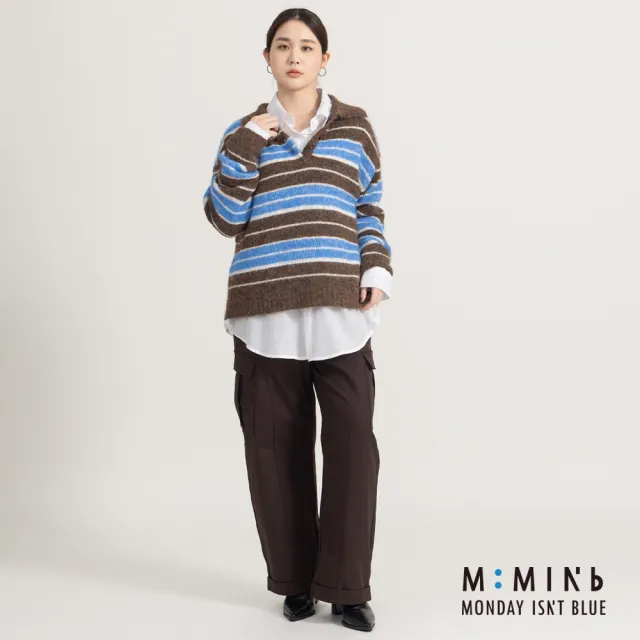 【M：MINb】撞色條紋polo領粗針織毛衣(深咖/中大尺碼女裝/XL女裝/女裝/肉肉女穿搭/長袖/針織/毛衣)