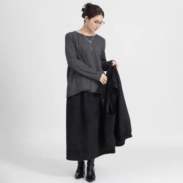 【M：MINb】麂皮背心條紋長袖T恤兩件組(黑色/中大尺碼女裝/XL女裝/女裝/肉肉女穿搭/長袖/T恤)