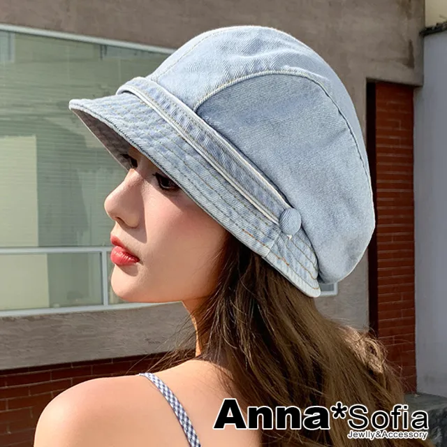 【AnnaSofia】報童帽鴨舌帽貝蕾帽-水洗牛仔雙釦飾帶 現貨(淺藍系)