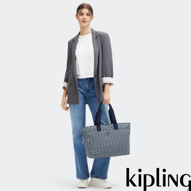 【KIPLING】藍灰老花大容量手提托特包-COLISSA UP 女包