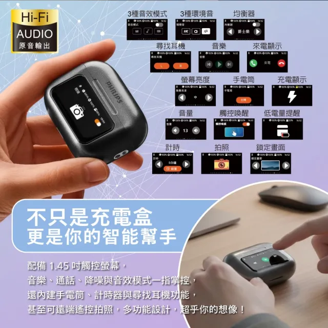 【Philips 飛利浦】AI智能全觸控螢幕ANC+ENC主動降噪藍牙6.0耳機-TAT2630