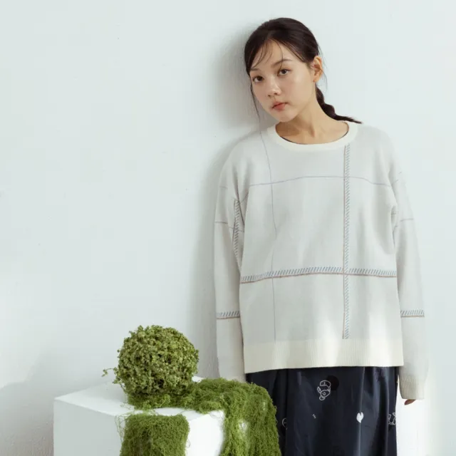 【MOSS CLUB】氣質大格紋配色縫線落肩針織上衣(藍 深藍 杏/魅力商品)