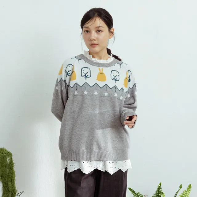 【MOSS CLUB】北歐風森林兔針織上衣(藍 駝 灰/魅力商品)