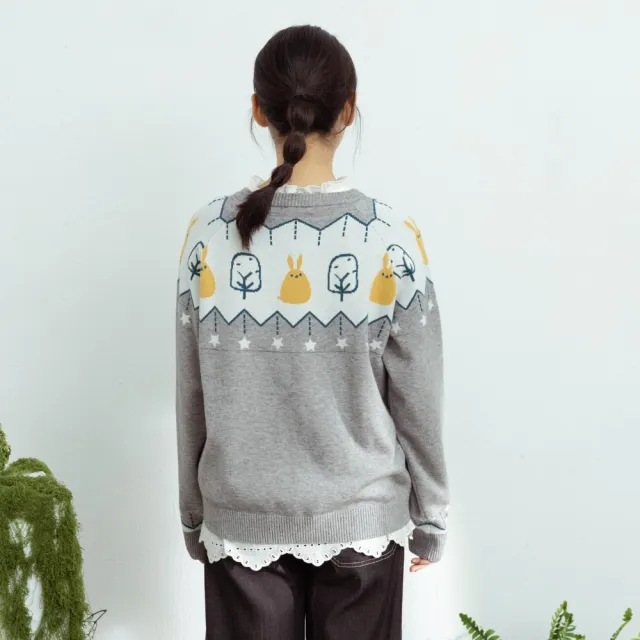 【MOSS CLUB】北歐風森林兔針織上衣(藍 駝 灰/魅力商品)