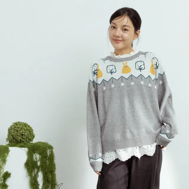 【MOSS CLUB】北歐風森林兔針織上衣(藍 駝 灰/魅力商品)