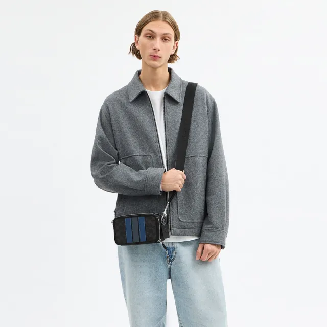 【COACH】蔻馳官方直營 WYATT經典SIGNATURE VARSITY條紋斜背手袋 斜背包-SV/黑色 混合色(CDP86)