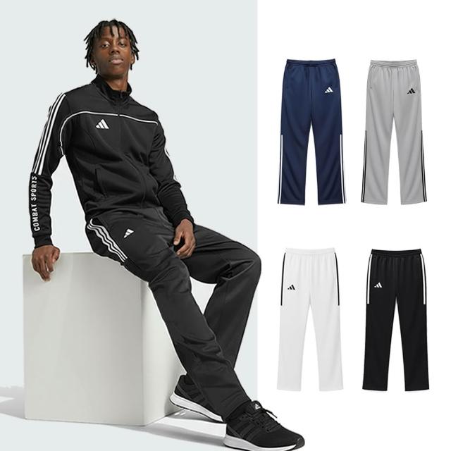 【adidas 愛迪達】線條運動長褲(路跑 慢跑 鬆緊 男女同款 口袋拉鍊 休閒 戶外 健身 直筒 大尺碼 保暖 冬天)