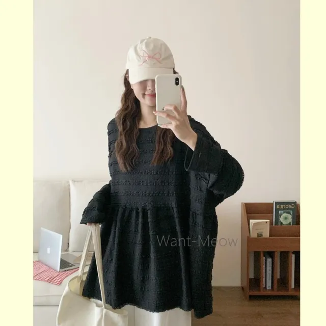 【Want-Meow】100公斤可穿/日系多層次必備壓紋蛋糕剪裁寬鬆上衣大碼/大尺碼/加大碼/長袖上衣)