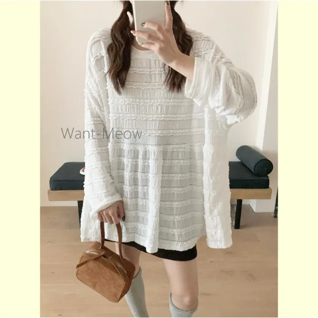 【Want-Meow】100公斤可穿/日系多層次必備壓紋蛋糕剪裁寬鬆上衣大碼/大尺碼/加大碼/長袖上衣)
