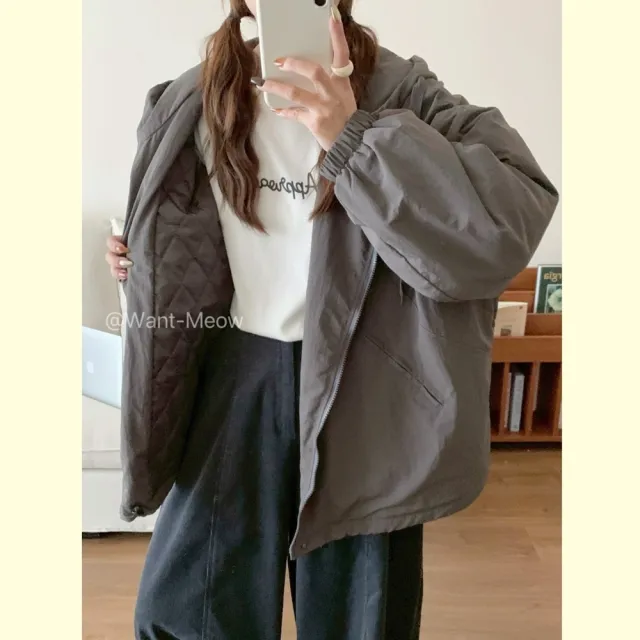 【Want-Meow】100公斤可穿百搭日系簡約鋪棉連帽寬鬆外套(大碼上衣/大碼/大尺碼/連帽外套)
