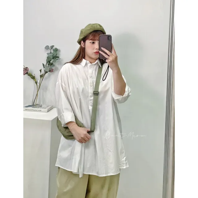【Want-Meow】100公斤可穿/寬鬆舒適無印簡約風前開岔中長版素面長袖襯衫(大碼/大尺碼/加大碼/長袖襯衫)