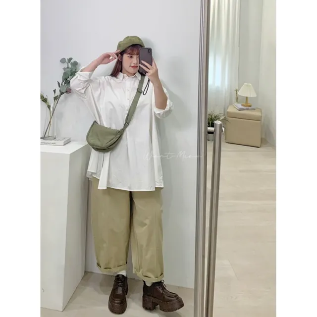 【Want-Meow】100公斤可穿/寬鬆舒適無印簡約風前開岔中長版素面長袖襯衫(大碼/大尺碼/加大碼/長袖襯衫)