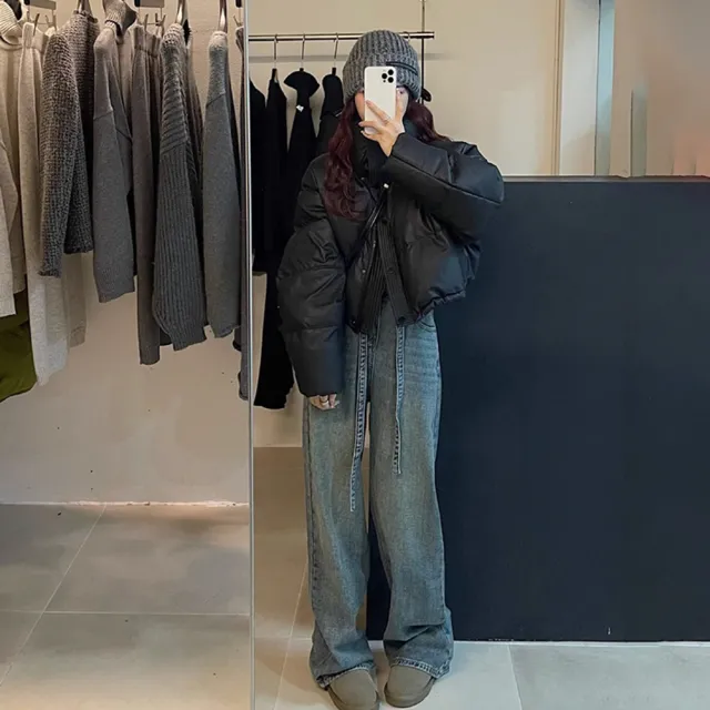 【D.studio】韓版高級感寬鬆立領皮外套(短版外套保暖外套皮外套女裝衣服上衣冬天外套保暖上衣 J364)