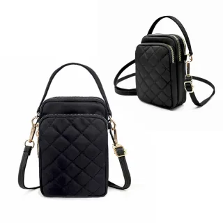 【吉豐洋行】經典小香風直立多隔層防潑水菱格拉鍊手機包斜背包(防水包 斜背手提兩用包)