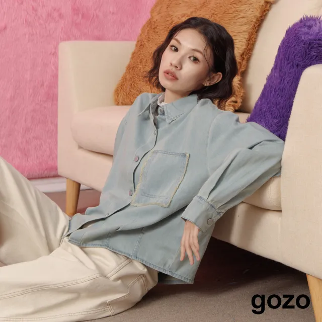 【gozo】復古刷色抓褶造型牛仔襯衫(兩色)