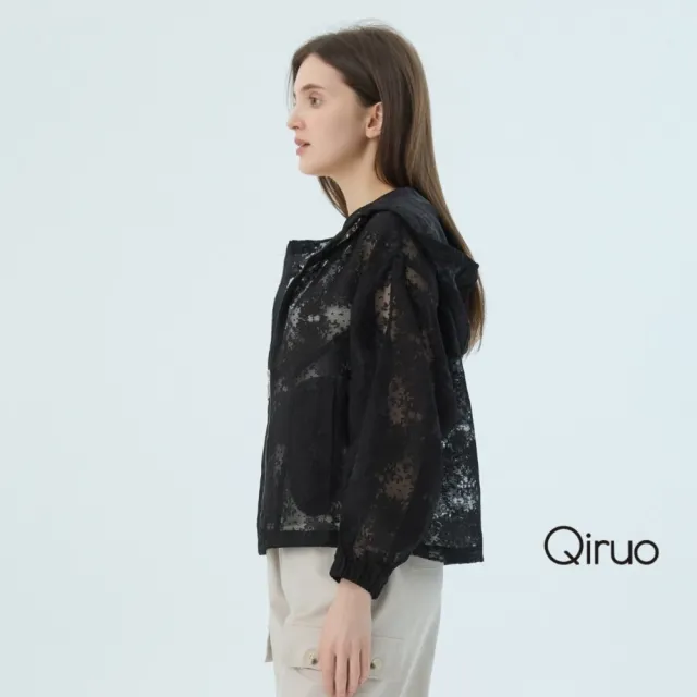 【Qiruo 奇若名品】黑蕾絲布料 拉鍊連帽 束腰外套7055E 