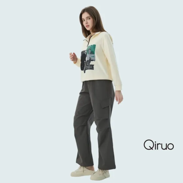 【Qiruo 奇若名品】防水材質  鬆緊腰側邊大口袋 灰色休閒褲7151C