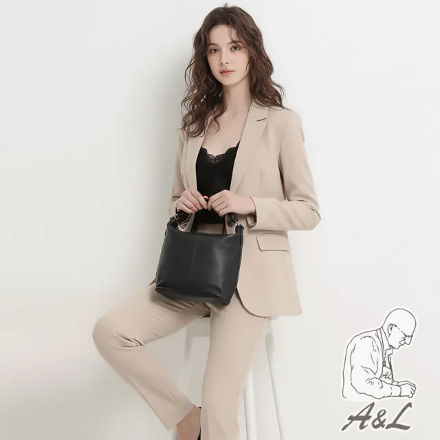 【A&L 老工匠】真皮牛皮Keelia簡約直式托特手提斜背包(真皮包包 經典黑)