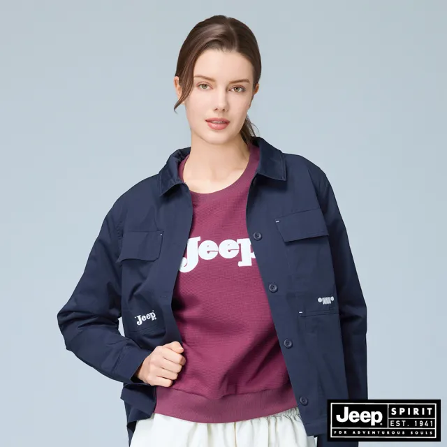 【JEEP】女裝 雙口袋短版襯衫型外套(藍色)