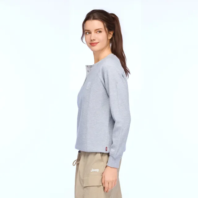 【JEEP】女裝 徽章造型半開襟長袖大學T(灰色)
