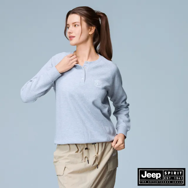 【JEEP】女裝 徽章造型半開襟長袖大學T(灰色)