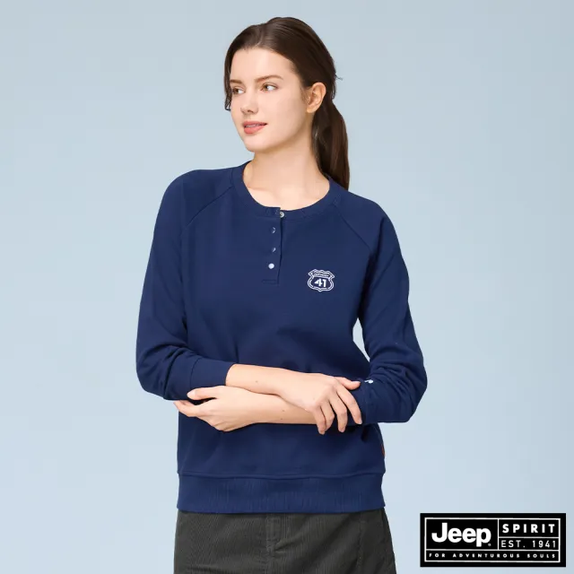 【JEEP】女裝 徽章造型半開襟長袖大學T(藍色)