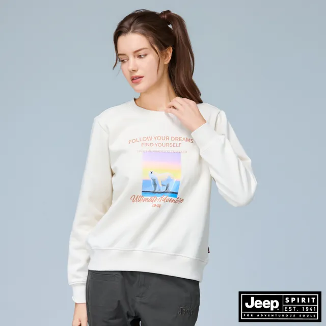 【JEEP】女裝 北極熊相片印花刷毛長袖大學T(白色)