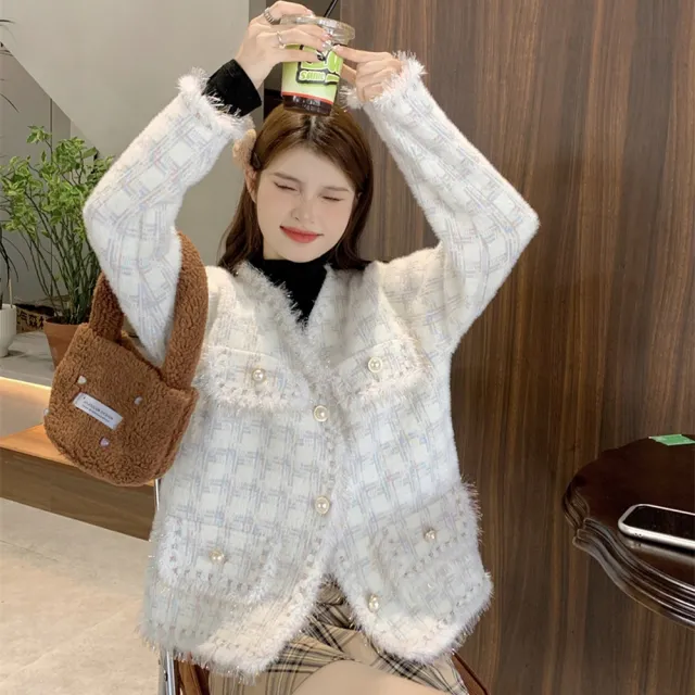 【AS 梨卡】女裝 大衣 外套 針織 水貂絨 流蘇毛衣 法式針織 溫柔風大衣 氣質外套 ES171