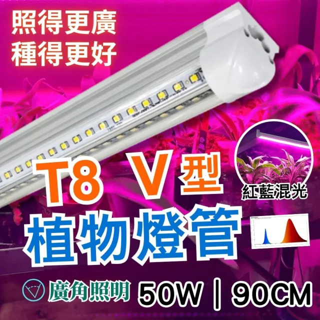 【JIUNPEY 君沛】2入組 T8一體式V型植物燈管 3呎50W 紅藍光譜(植物生長燈)