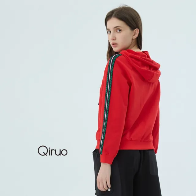 【Qiruo 奇若名品】棉質 彩色印字紅色長袖連帽上衣2546A