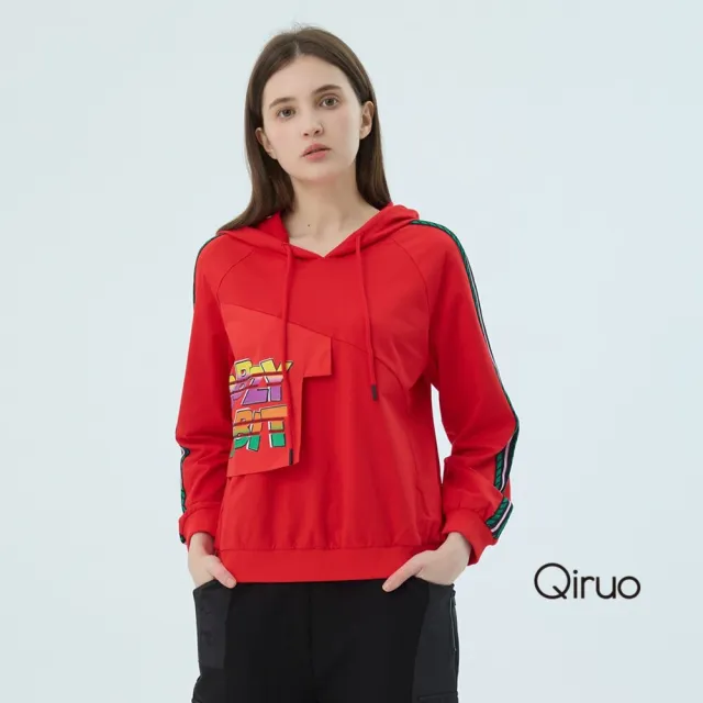 【Qiruo 奇若名品】棉質 彩色印字紅色長袖連帽上衣2546A