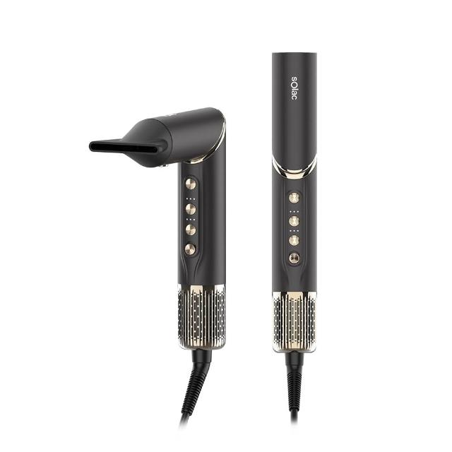 Solac SR-1000G 電吹風，具三段溫度及三段風速調節，適合各種髮質造型需求。黑色系設計輕巧，支援國際電壓110V，方便出國旅行使用。瓦數1000W以下，內附集中吹嘴配件，中國製造，BSMI許可字號R31310，享有1年保固保障。