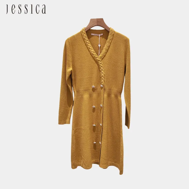 【JESSICA】出清品 氣質修身V領長袖針織洋裝J30536（黃）