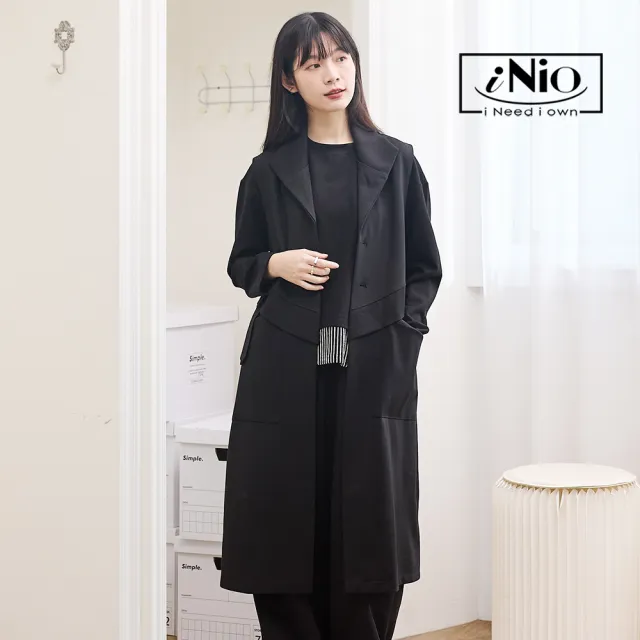 【iNio 衣著美學】翻領層次拼接顯瘦背心大衣 優雅時尚 顯瘦剪裁 大衣風情 背心大衣 CEW4839
