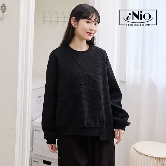 【iNio 衣著美學】舒適修身立體紋長袖上衣 不對稱下襬 內刷毛 落肩 縮口袖 長袖棉T CCW1635