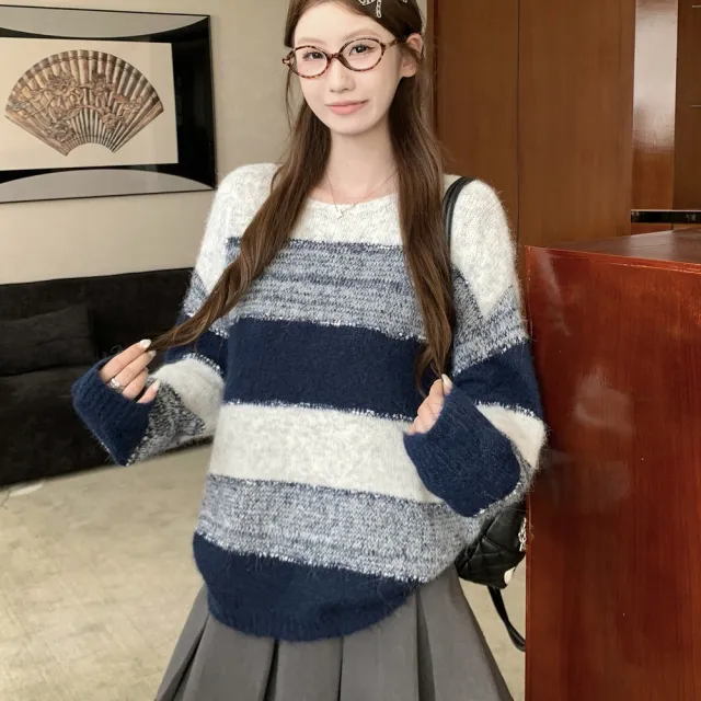 【AS 梨卡】毛衣 條紋 長袖 針織 上衣 女生秋冬加厚保暖毛衣 韓版顯瘦針織衫 ES1859