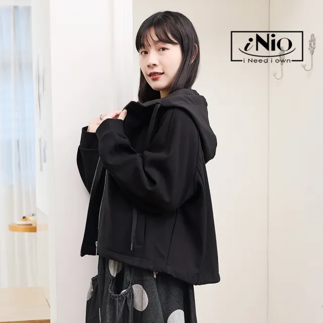 【iNio 衣著美學】保暖舒適抽繩連帽長袖外套 內刷毛 翻領連帽 落肩縮口袖 長袖外套 CEW4845