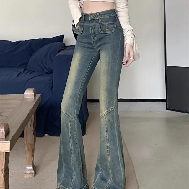 【AS 梨卡】女裝 牛仔 長褲 復古喇叭牛仔褲 高腰修身牛仔長褲 設計感拖地褲 韓版牛仔GA378