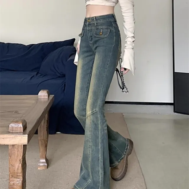【AS 梨卡】女裝 牛仔 長褲 復古喇叭牛仔褲 高腰修身牛仔長褲 設計感拖地褲 韓版牛仔GA378