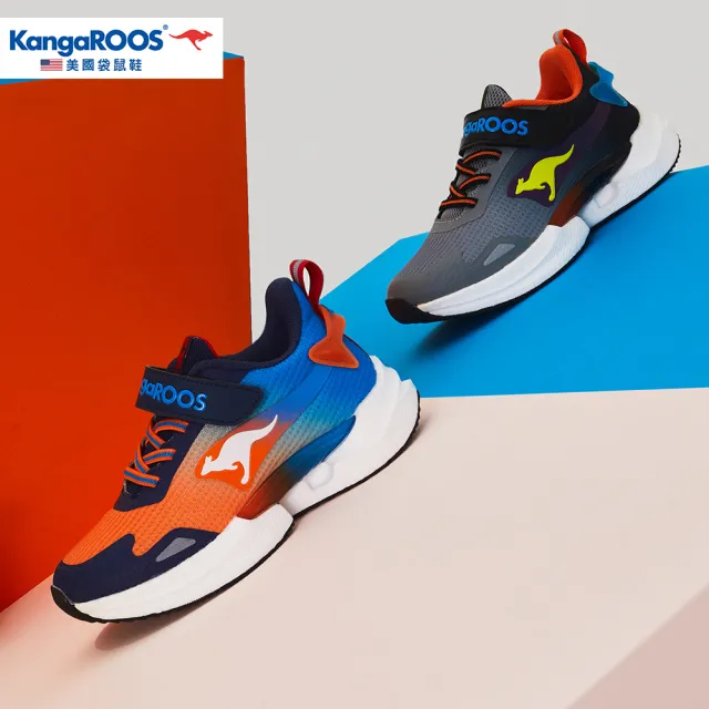 【KangaROOS】超輕量慢跑鞋 童鞋 中大童 運動鞋 防潑水 魔鬼氈 TRITIUM 灰/黑 KK41508